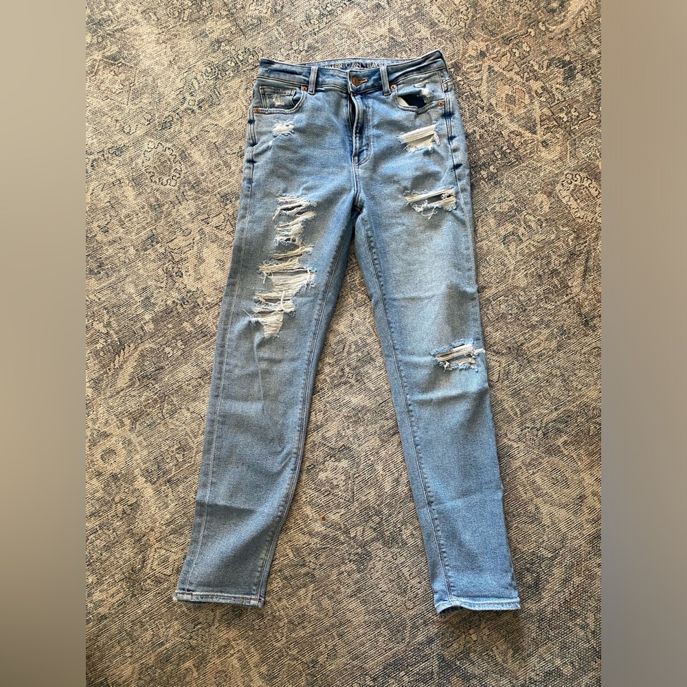 American Eagle Light Blue Ripped Hi-Rise Stretch Jeans Size 0